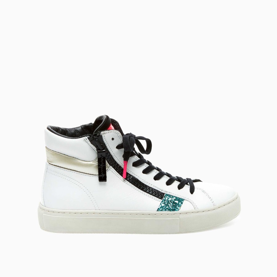 Woman Crime London | High Top Double Zip White-Glitter Blue